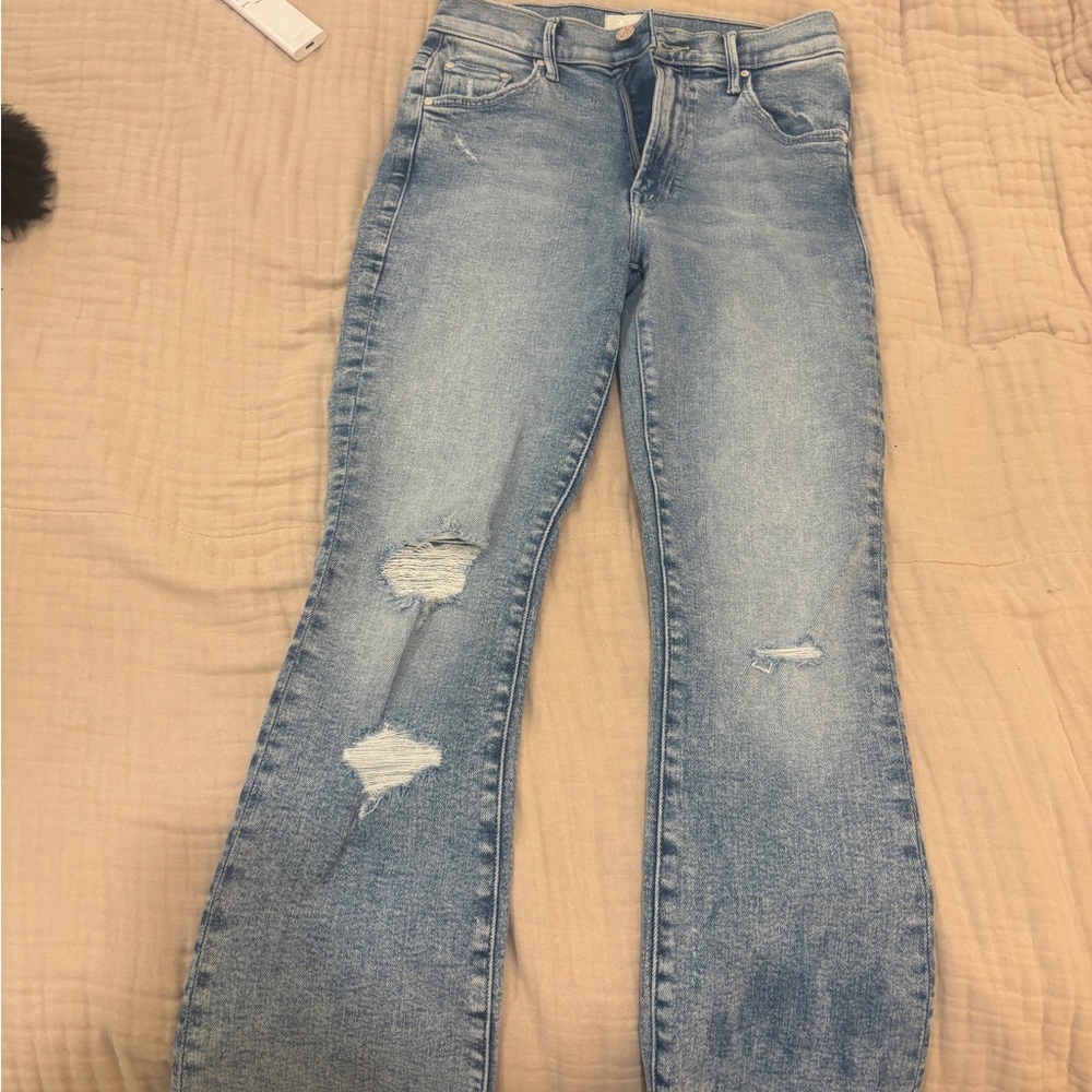 MOTHER Blue Flare Wide Leg Jeans Distressed
